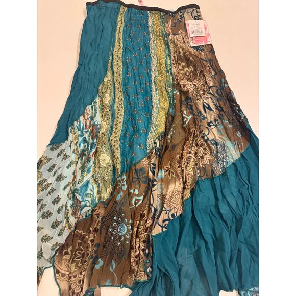 NWT Y2K Heart Soul Patchwork Maxi Skirt Elastic Waist Size XL Juniors Blue/Green - Picture 2 of 5